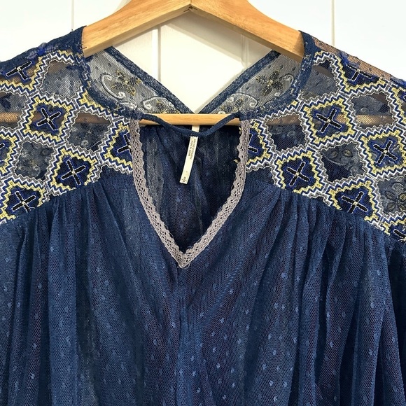 Free People Blue Embroidered Tulle Long Sleeve Top - Picture 2 of 9
